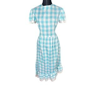 Vintage Blue Gingham Puff Sleeve Midi Dress Ruffled Hem Womens Size Small